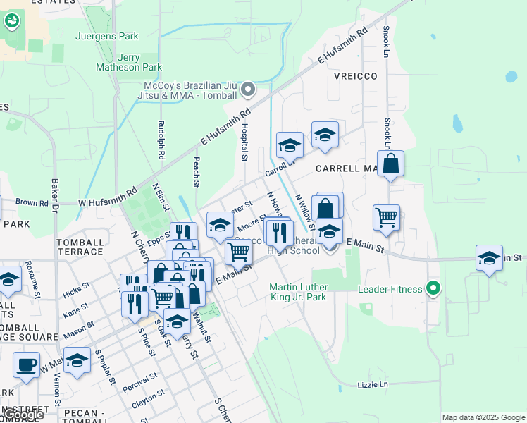 map of restaurants, bars, coffee shops, grocery stores, and more near 405 Moore Street in Tomball