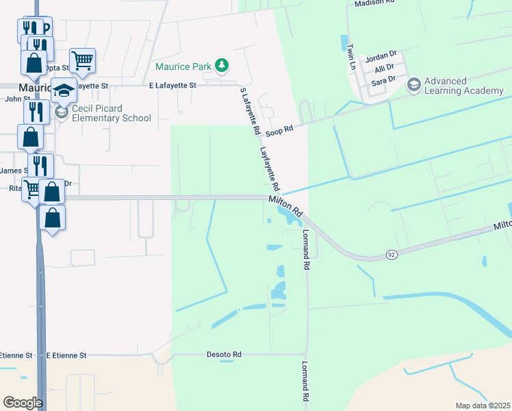 map of restaurants, bars, coffee shops, grocery stores, and more near 302 Coyote Trail in Maurice