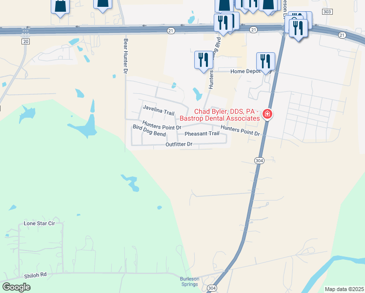 map of restaurants, bars, coffee shops, grocery stores, and more near 216 Outfitter Drive in Bastrop