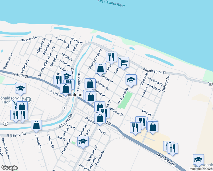 map of restaurants, bars, coffee shops, grocery stores, and more near 424 Lessard Street in Donaldsonville