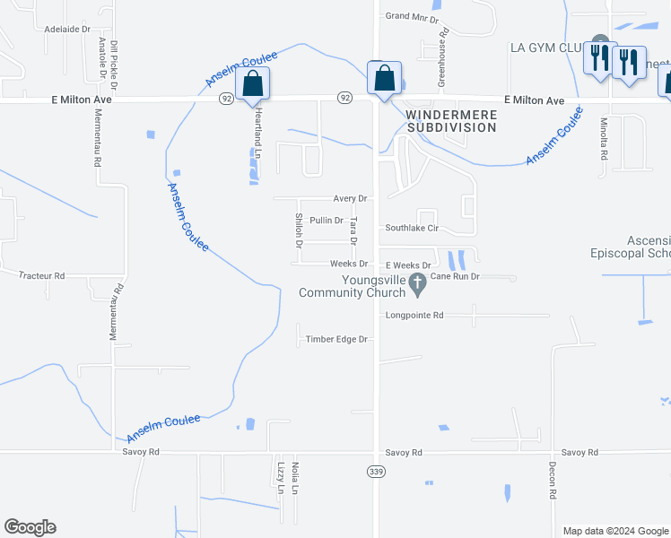 map of restaurants, bars, coffee shops, grocery stores, and more near 109 Weeks Drive in Youngsville