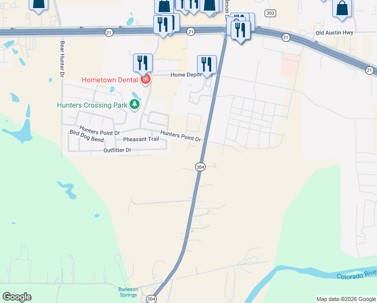 map of restaurants, bars, coffee shops, grocery stores, and more near 408 South Hunting Lodge Lane in Bastrop