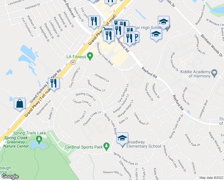 map of restaurants, bars, coffee shops, grocery stores, and more near 2415 Sandy Fields Lane in Spring