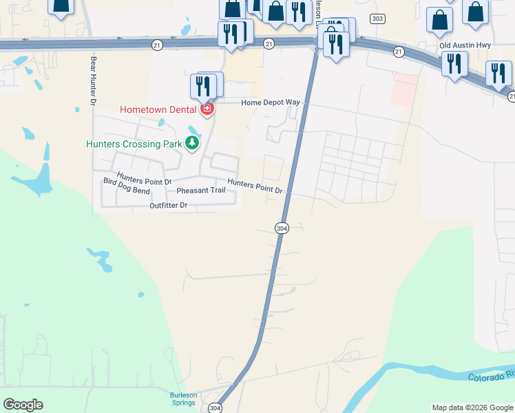 map of restaurants, bars, coffee shops, grocery stores, and more near 409 South Hunting Lodge Lane in Bastrop