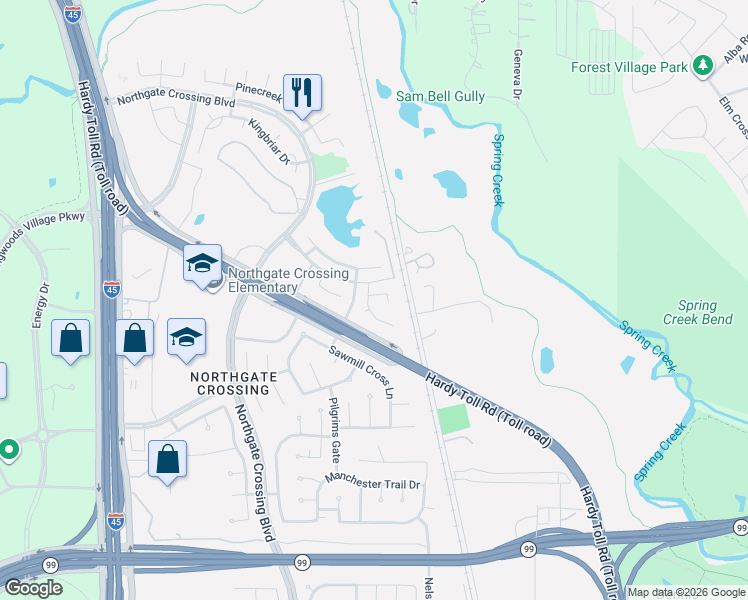 map of restaurants, bars, coffee shops, grocery stores, and more near 738 Cape Cottage Lane in Spring