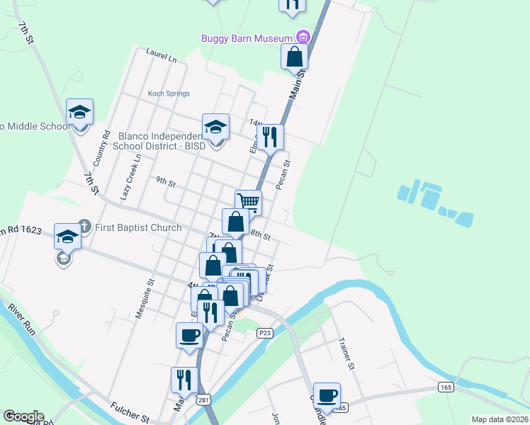 map of restaurants, bars, coffee shops, grocery stores, and more near 1111 Pecan Street in Blanco