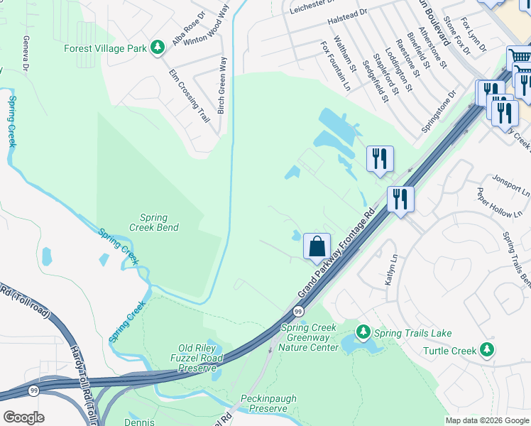 map of restaurants, bars, coffee shops, grocery stores, and more near 1623 Riley Fuzzell Road in Spring
