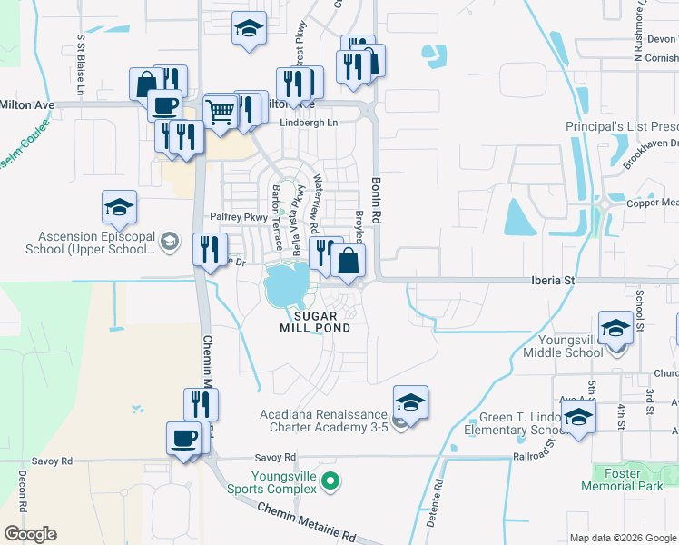 map of restaurants, bars, coffee shops, grocery stores, and more near 201 Prescott Boulevard in Youngsville