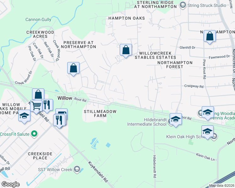 map of restaurants, bars, coffee shops, grocery stores, and more near 7118 Edwanna Lane in Spring