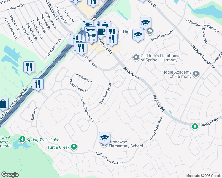 map of restaurants, bars, coffee shops, grocery stores, and more near 2459 Keegan Hollow Lane in Spring