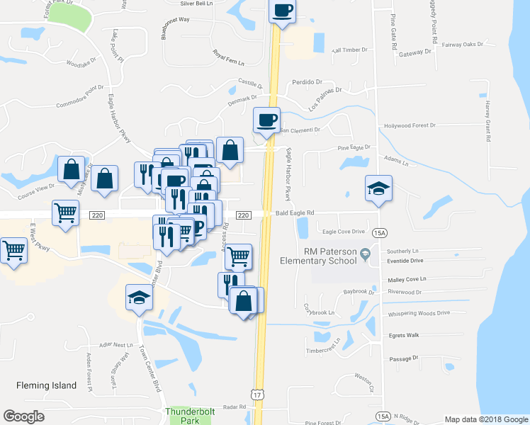 map of restaurants, bars, coffee shops, grocery stores, and more near U.S. 17 & Bald Eagle Rd in Clay