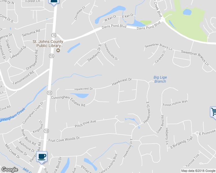 map of restaurants, bars, coffee shops, grocery stores, and more near 1805 Hawkcrest Drive in Jacksonville