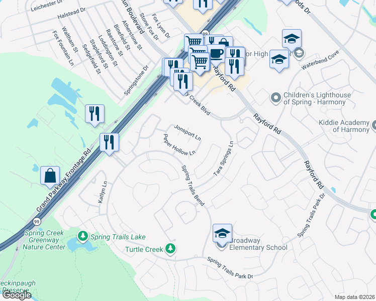 map of restaurants, bars, coffee shops, grocery stores, and more near 28235 Peper Hollow Lane in Spring
