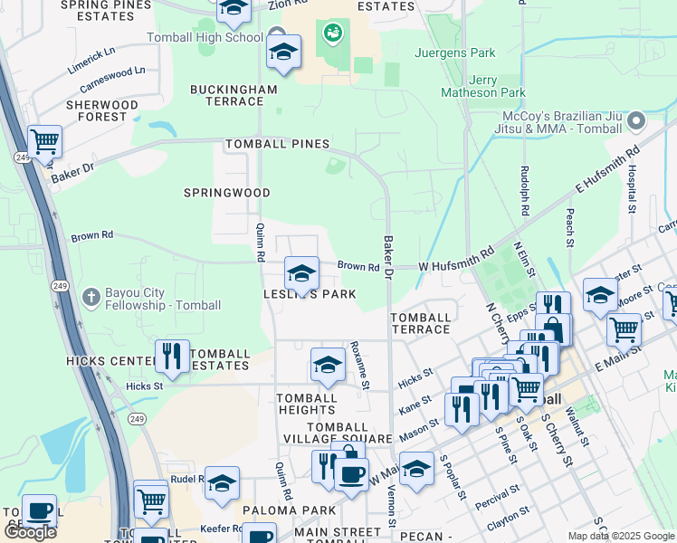 map of restaurants, bars, coffee shops, grocery stores, and more near Brown Road in Tomball