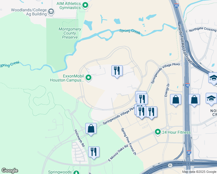map of restaurants, bars, coffee shops, grocery stores, and more near 22777 Springwoods Village Parkway in Spring