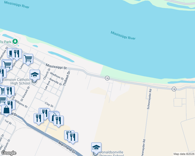 map of restaurants, bars, coffee shops, grocery stores, and more near 1240 Mississippi Street in Donaldsonville