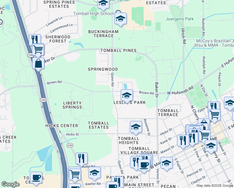 map of restaurants, bars, coffee shops, grocery stores, and more near Brown Road in Tomball
