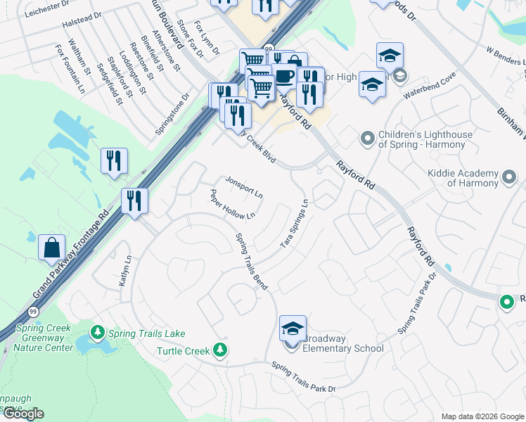 map of restaurants, bars, coffee shops, grocery stores, and more near 28223 Peper Hollow Lane in Spring