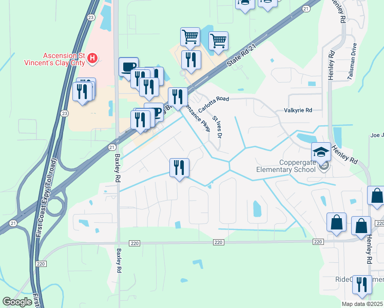 map of restaurants, bars, coffee shops, grocery stores, and more near 1809 Penzance Parkway in Middleburg