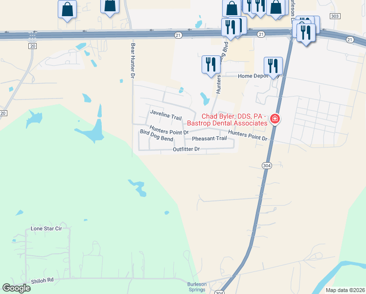 map of restaurants, bars, coffee shops, grocery stores, and more near 213 Remington Run in Bastrop