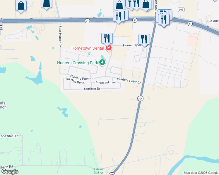 map of restaurants, bars, coffee shops, grocery stores, and more near 120 Outfitter Drive in Bastrop