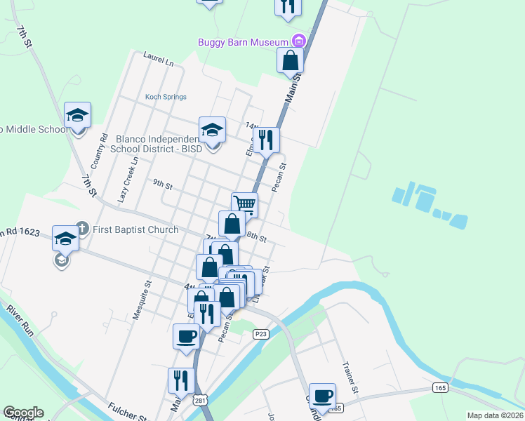 map of restaurants, bars, coffee shops, grocery stores, and more near 1111 Pecan Street in Blanco