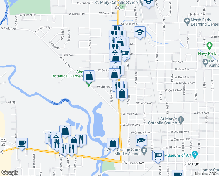 map of restaurants, bars, coffee shops, grocery stores, and more near 1211 North 17th Street in Orange