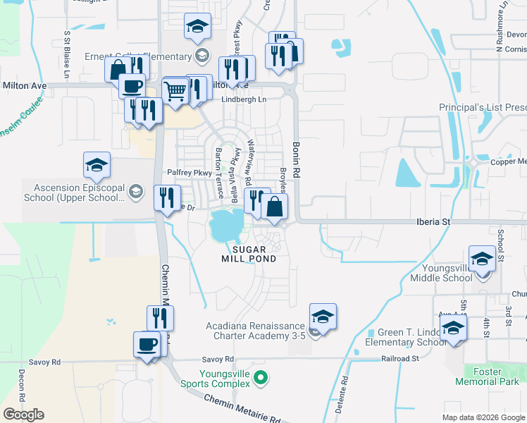 map of restaurants, bars, coffee shops, grocery stores, and more near 220 Prescott Boulevard in Youngsville