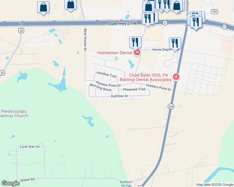map of restaurants, bars, coffee shops, grocery stores, and more near 310 Outfitter Drive in Bastrop