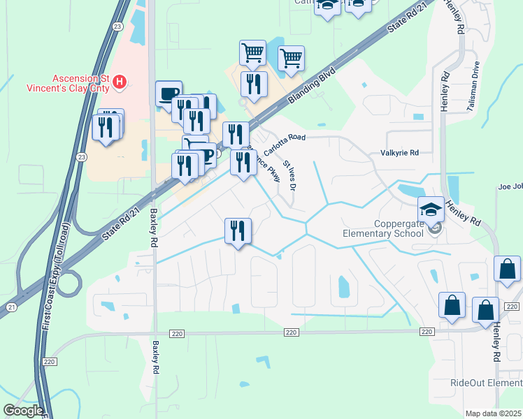 map of restaurants, bars, coffee shops, grocery stores, and more near 1783 Penzance Parkway in Middleburg