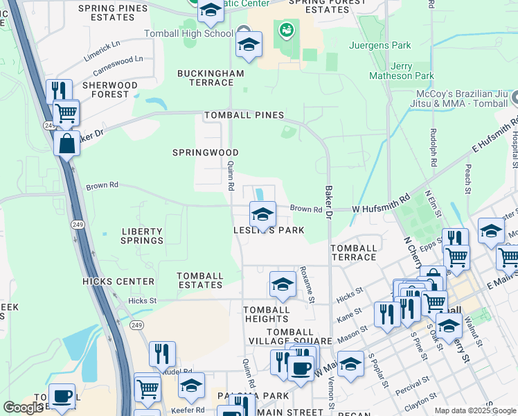map of restaurants, bars, coffee shops, grocery stores, and more near Brown Road in Tomball