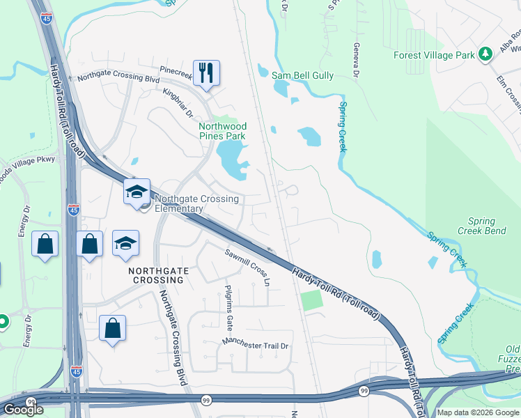 map of restaurants, bars, coffee shops, grocery stores, and more near 738 Cape Cottage Lane in Spring