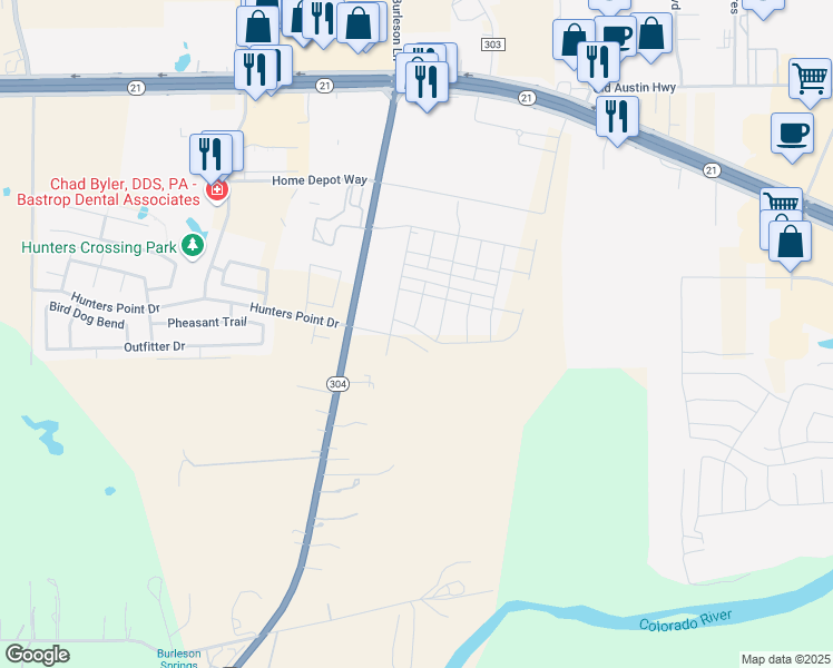 map of restaurants, bars, coffee shops, grocery stores, and more near 243 Texas 304 in Bastrop