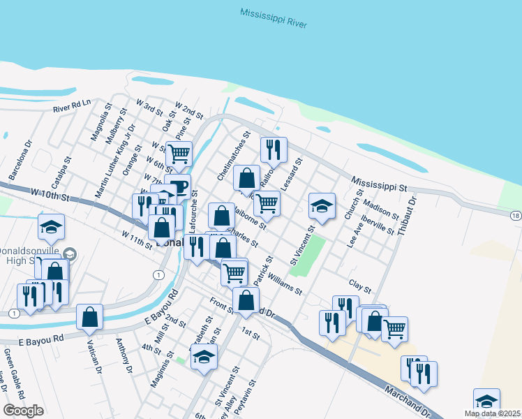 map of restaurants, bars, coffee shops, grocery stores, and more near 317 Railroad Avenue in Donaldsonville