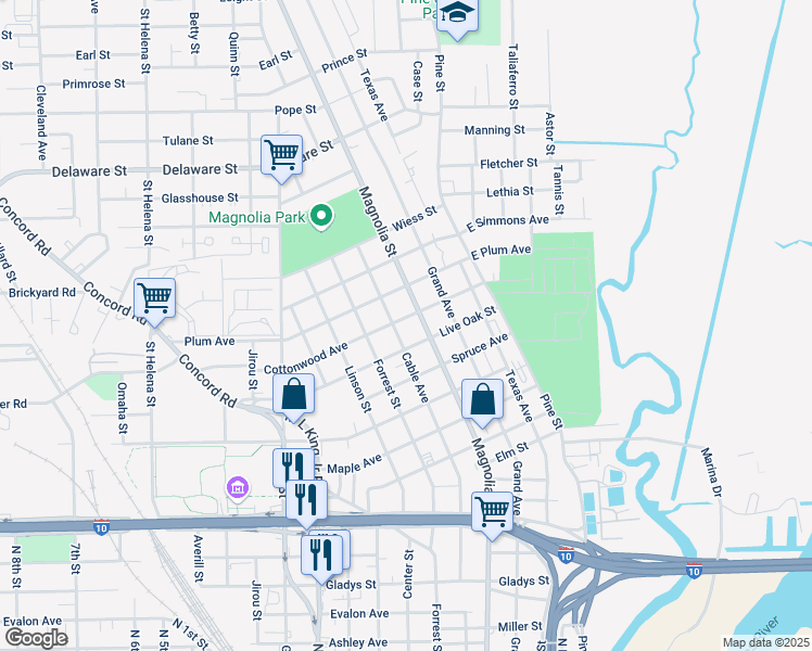 map of restaurants, bars, coffee shops, grocery stores, and more near 2516 Magnolia Street in Beaumont