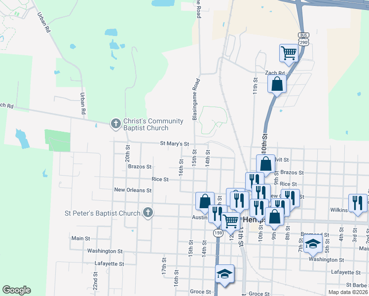map of restaurants, bars, coffee shops, grocery stores, and more near 1527 Saint Marys Street in Hempstead