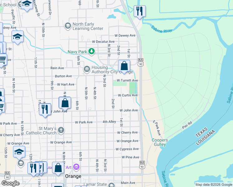 map of restaurants, bars, coffee shops, grocery stores, and more near 1312 2nd Street in Orange