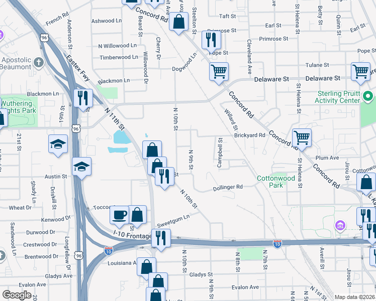 map of restaurants, bars, coffee shops, grocery stores, and more near 2730 North 9th Street in Beaumont