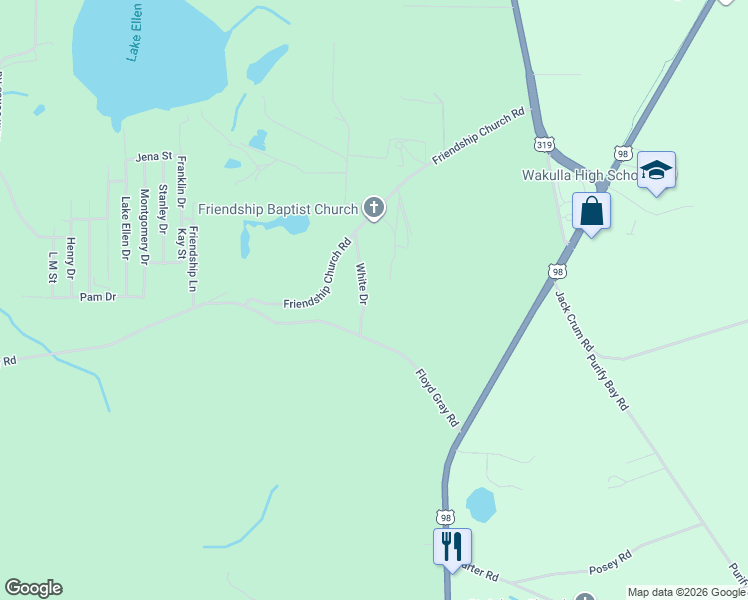 map of restaurants, bars, coffee shops, grocery stores, and more near 63 White Drive in Crawfordville