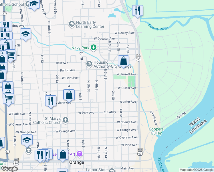 map of restaurants, bars, coffee shops, grocery stores, and more near 1214 North 3rd Street in Orange