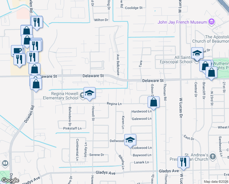 map of restaurants, bars, coffee shops, grocery stores, and more near 3 Bayou Bend Place in Beaumont