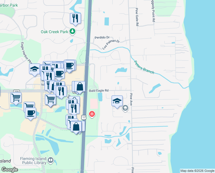 map of restaurants, bars, coffee shops, grocery stores, and more near 535 Bald Eagle Road in Orange Park