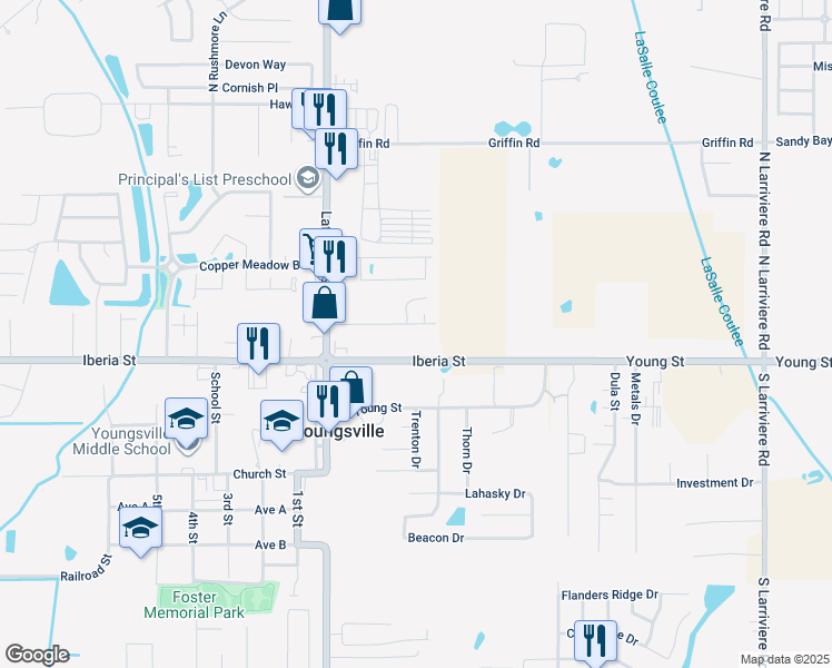 map of restaurants, bars, coffee shops, grocery stores, and more near 2016 Romero Street in Youngsville