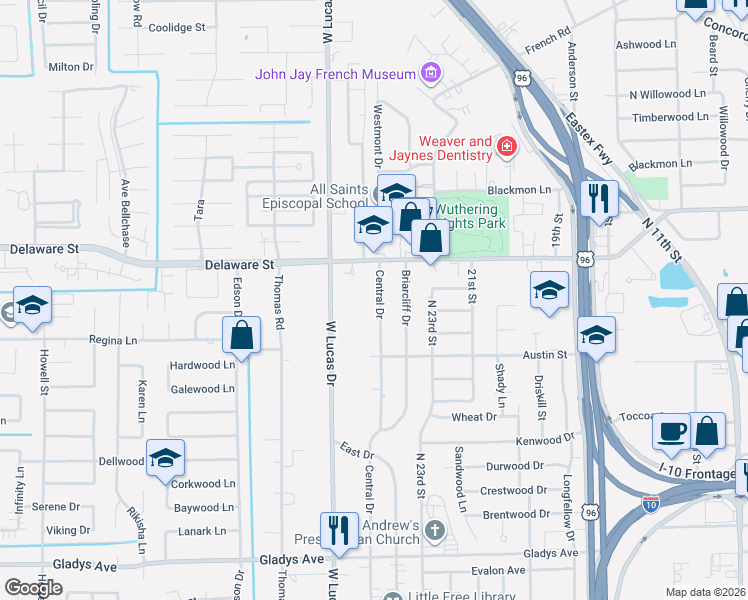 map of restaurants, bars, coffee shops, grocery stores, and more near 2325 Central Drive in Beaumont
