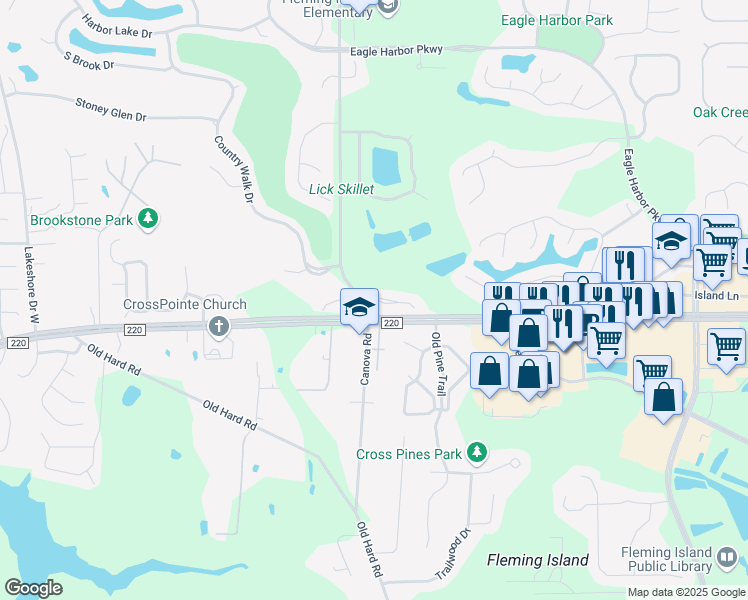 map of restaurants, bars, coffee shops, grocery stores, and more near 2099 Pond Ridge Court in Fleming Island