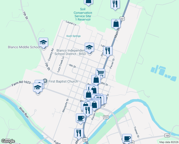 map of restaurants, bars, coffee shops, grocery stores, and more near 911 Hackberry Street in Blanco