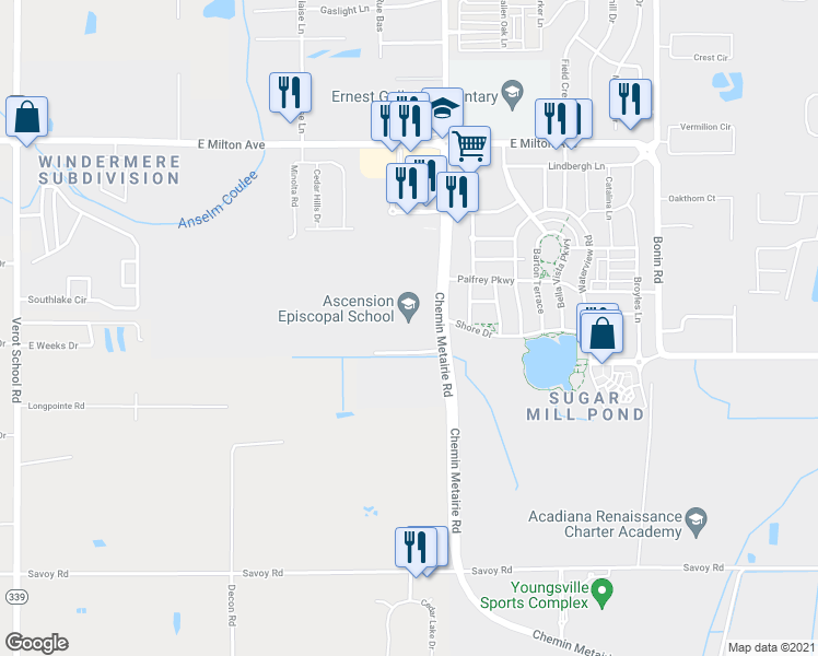 map of restaurants, bars, coffee shops, grocery stores, and more near 1800 Chemin Metairie Pkwy in Youngsville