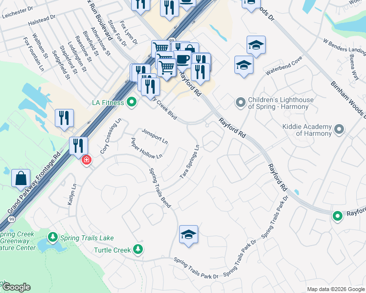 map of restaurants, bars, coffee shops, grocery stores, and more near 28218 Slatestone Lane in Spring