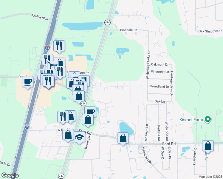 map of restaurants, bars, coffee shops, grocery stores, and more near 22550 Yancy Road in Porter