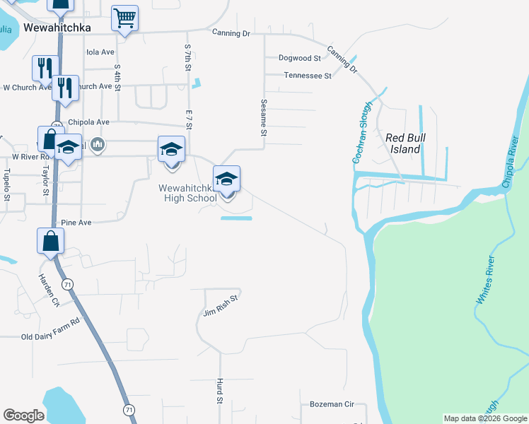 map of restaurants, bars, coffee shops, grocery stores, and more near 848 East River Road in Wewahitchka
